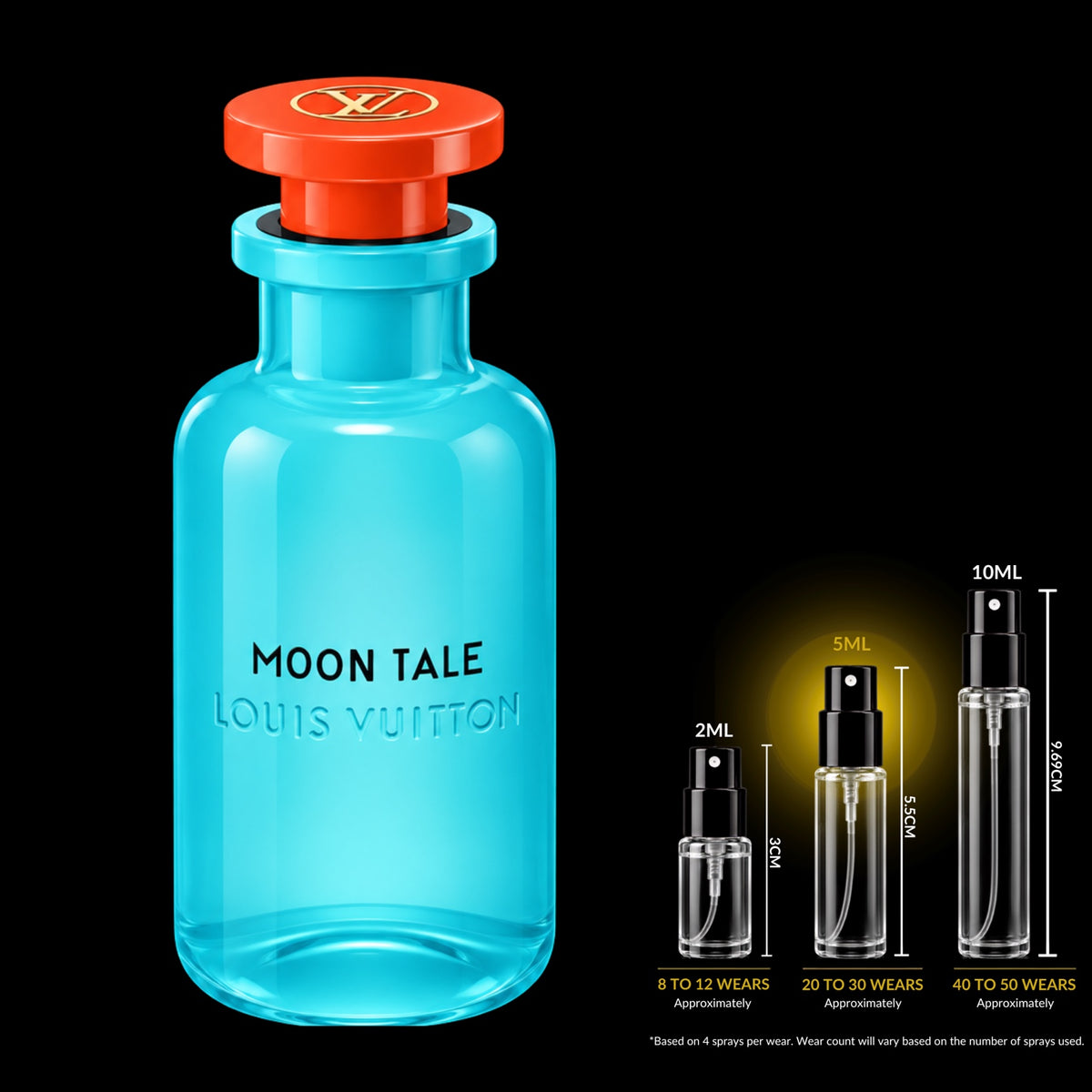 Louis Vuitton Moon Tale fragrance bottle with 5ML decant spray size highlighted