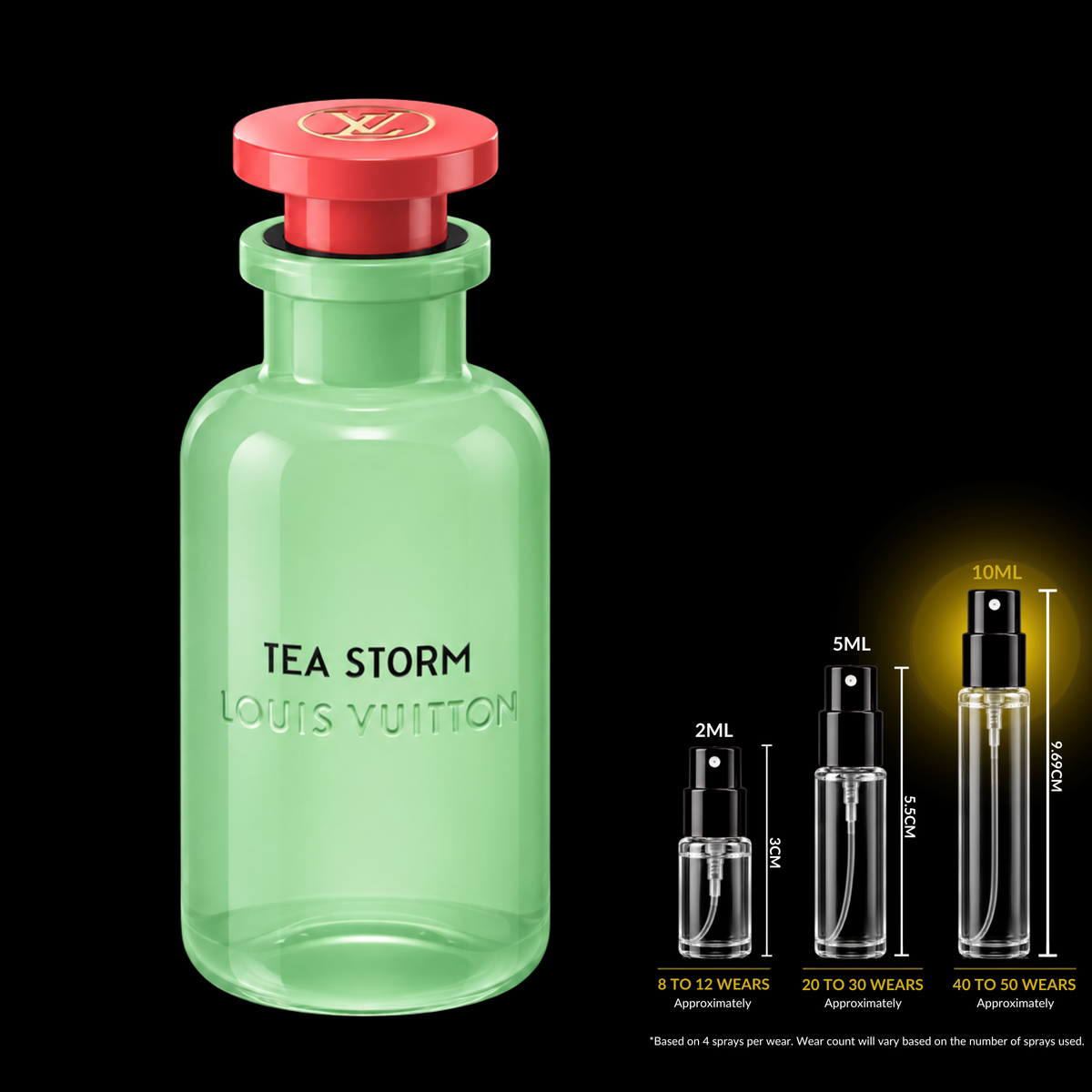Louis Vuitton Tea Storm source bottle shown with 10ml decant spray size highlighted. Original retail bottle not included.