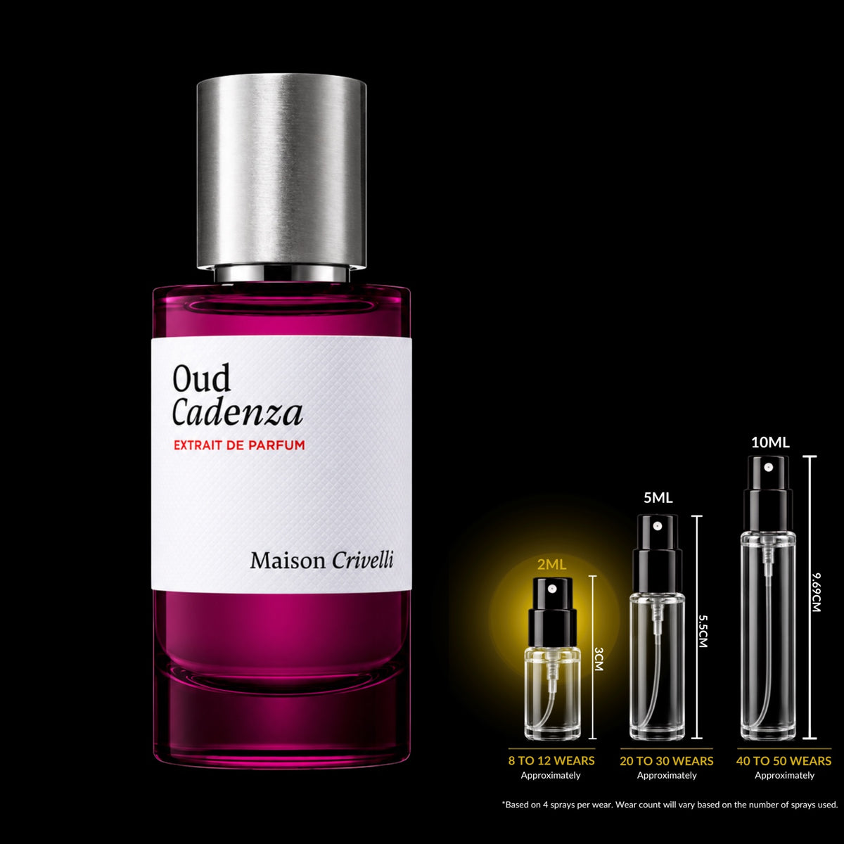 Maison Crivelli Oud Cadenza Extrait de Parfum bottle with Rare Reserve Group 2ML decant size highlighted