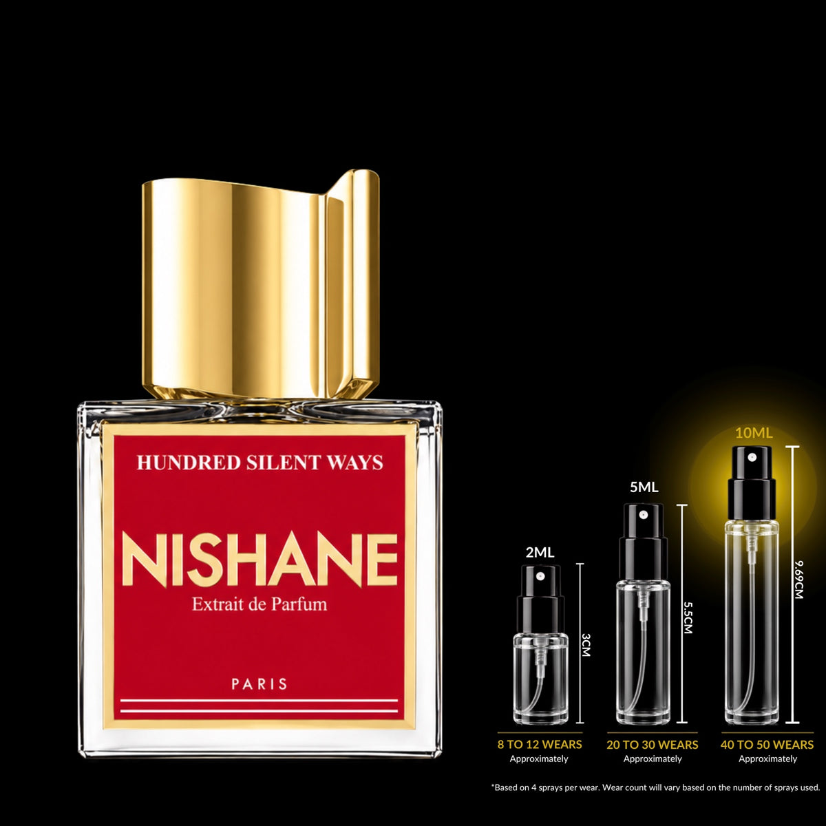 Nishane Hundred Silent Ways Extrait bottle with 10ML fragrance decant size highlighted