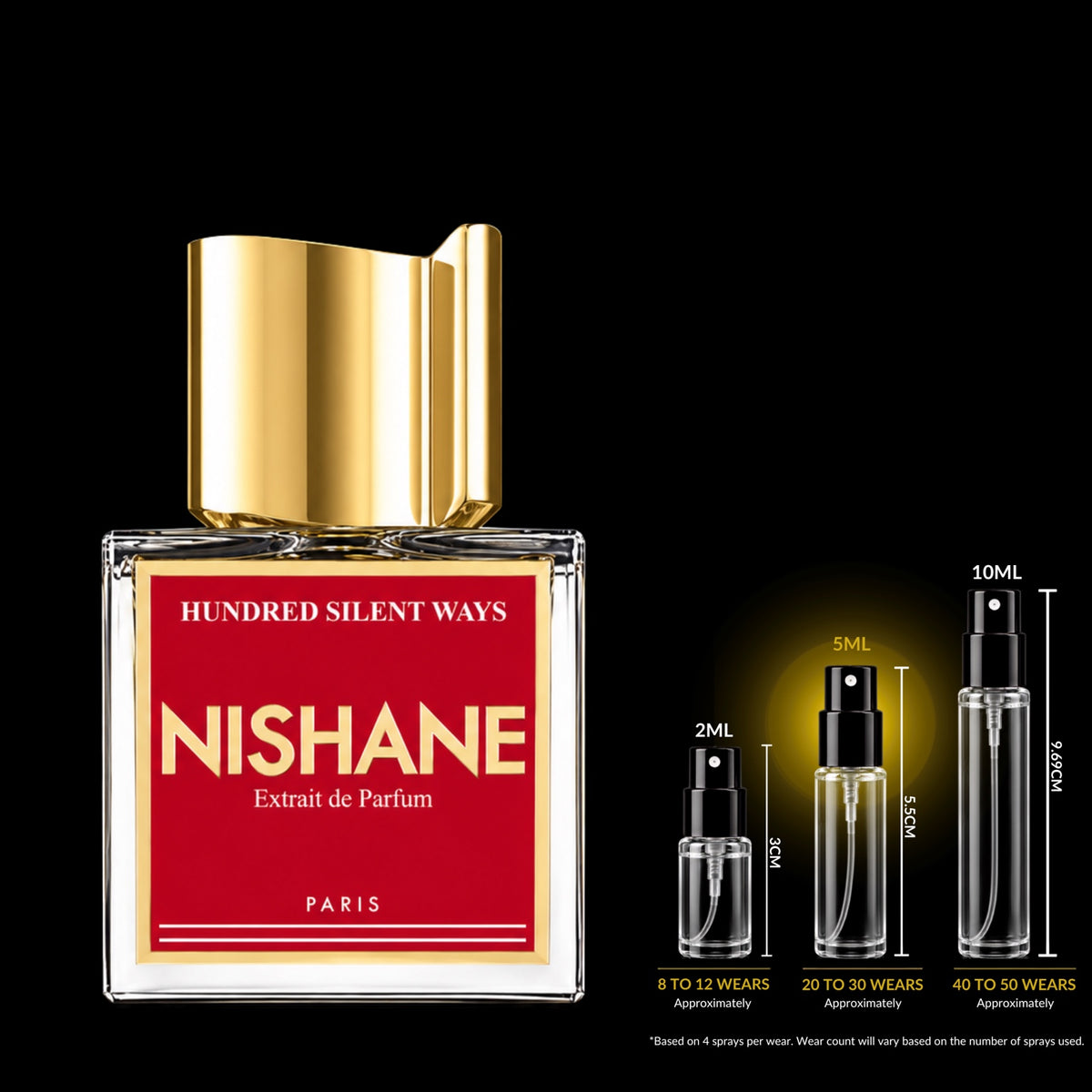 Nishane Hundred Silent Ways Extrait bottle with 5ML fragrance decant size highlighted