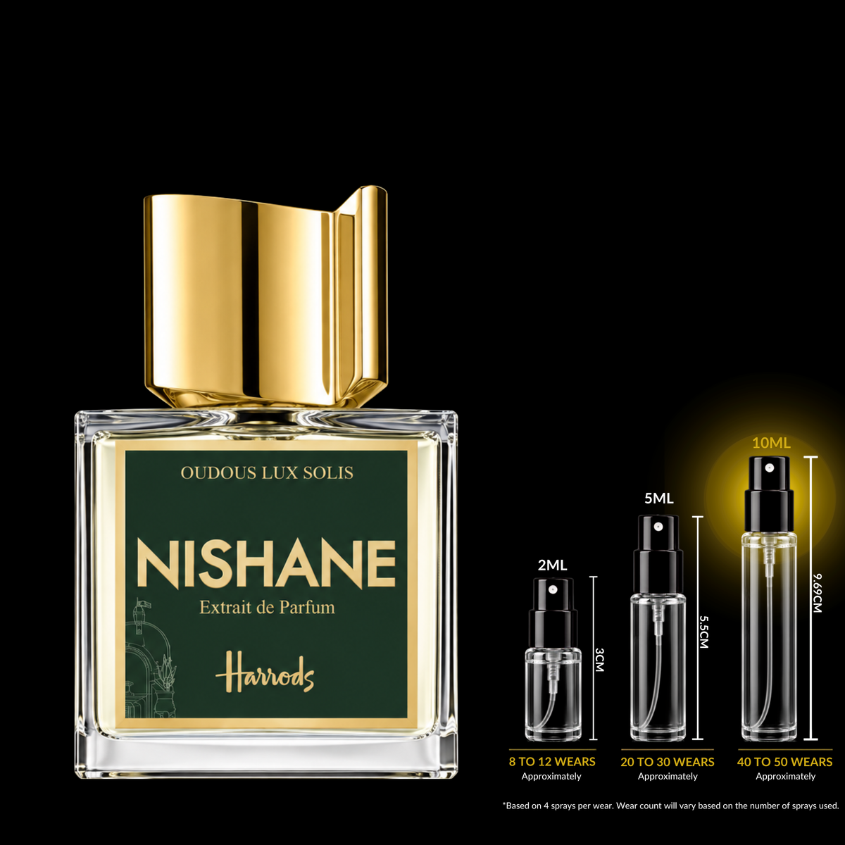Nishane Oudous Lux Solis Extrait source bottle shown with Rare Reserve Group 10ml fragrance decant atomizer. Original retail bottle not included.