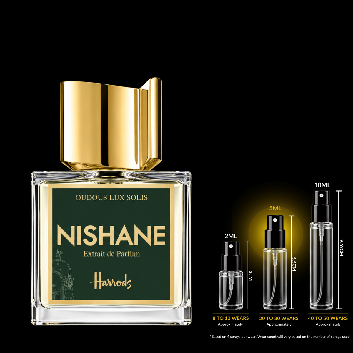 Nishane Oudous Lux Solis Extrait source bottle shown with Rare Reserve Group 5ml fragrance decant atomizer. Original retail bottle not included.
