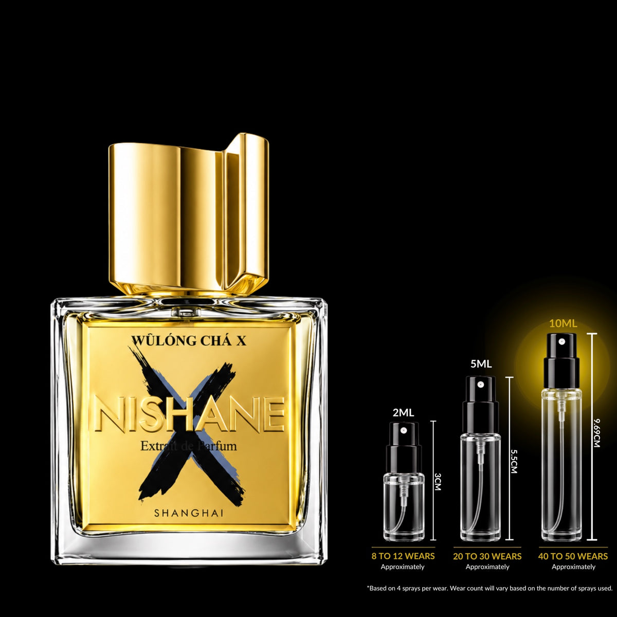 Nishane Wulong Cha X source bottle shown with Rare Reserve Group 10ml fragrance decant atomizer. Original retail bottle not included.