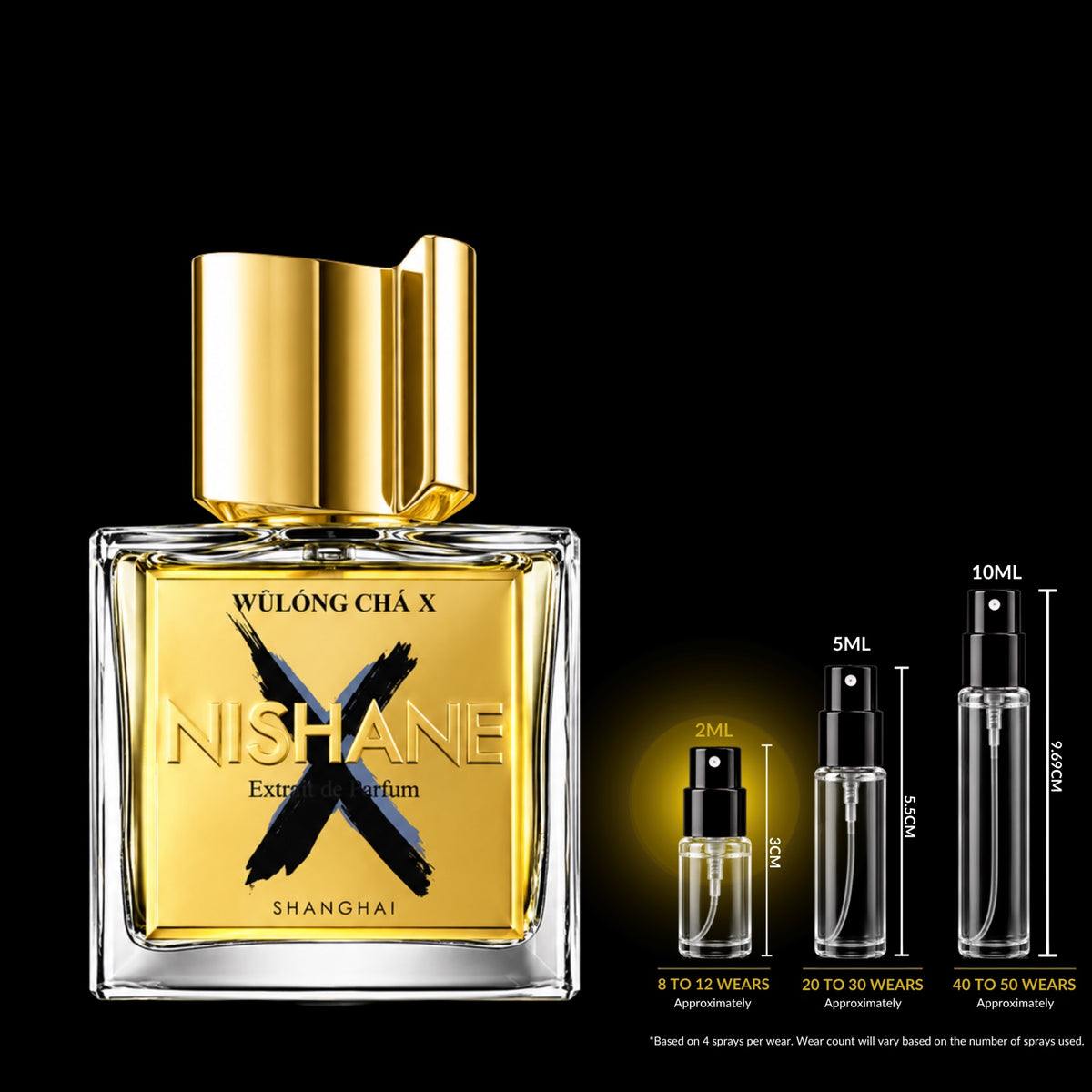 Nishane Wulong Cha X source bottle shown with Rare Reserve Group 2ml fragrance decant atomizer. Original retail bottle not included.