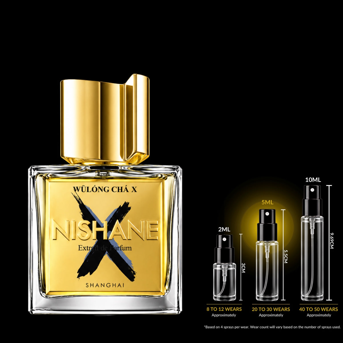 Nishane Wulong Cha X source bottle shown with Rare Reserve Group 5ml fragrance decant atomizer. Original retail bottle not included.