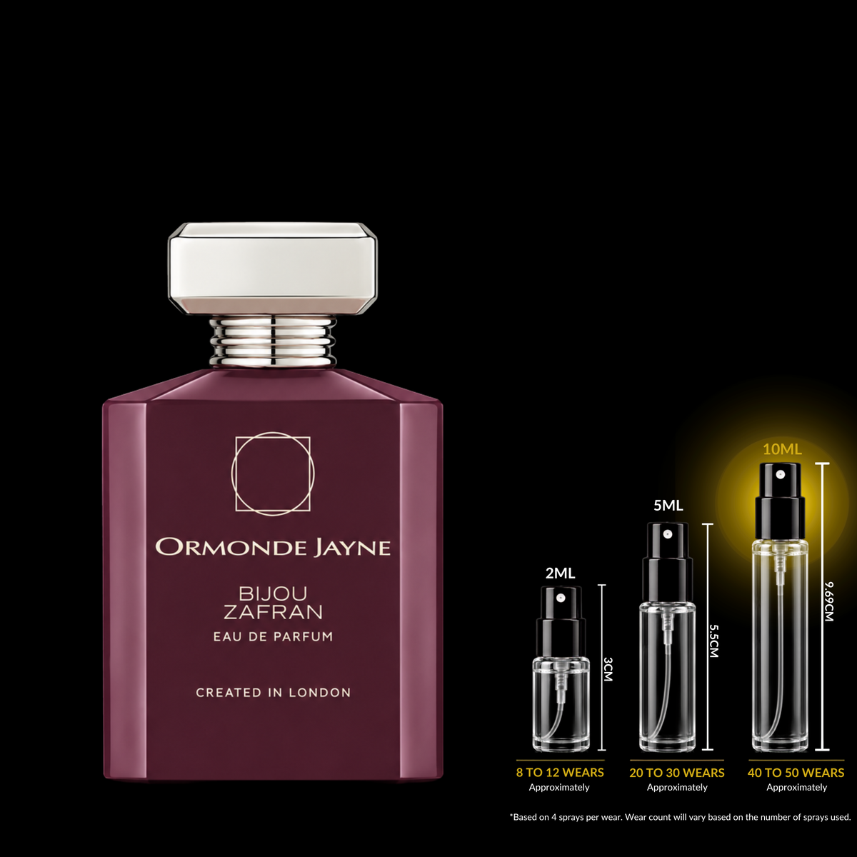 Ormonde Jayne Bijou Zafran Eau de Parfum source bottle with the 10ML fragrance decant size highlighted