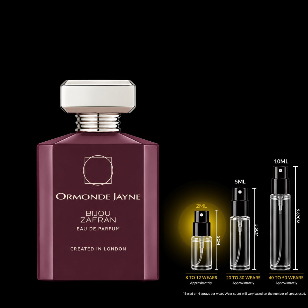 Ormonde Jayne Bijou Zafran Eau de Parfum source bottle with the 2ML fragrance decant size highlighted