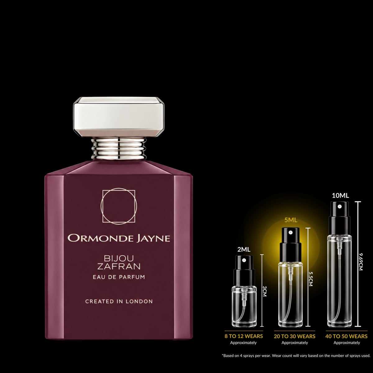 Ormonde Jayne Bijou Zafran Eau de Parfum source bottle with the 5ML fragrance decant size highlighted