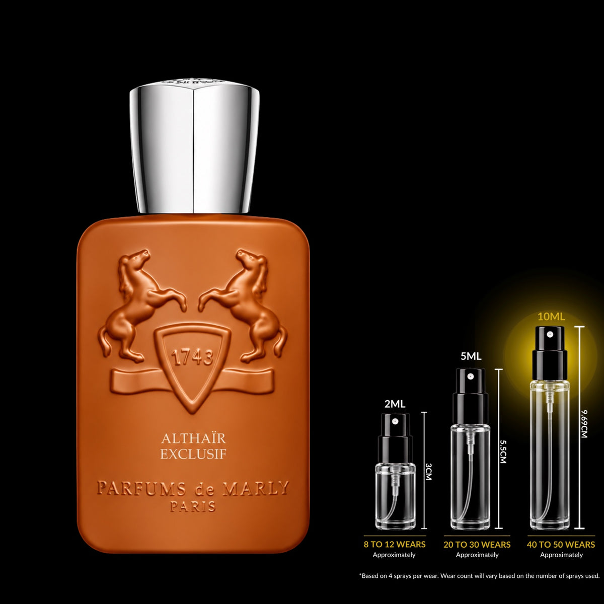 Parfums de Marly Althaïr Exclusif source bottle with the 10ML fragrance decant size highlighted