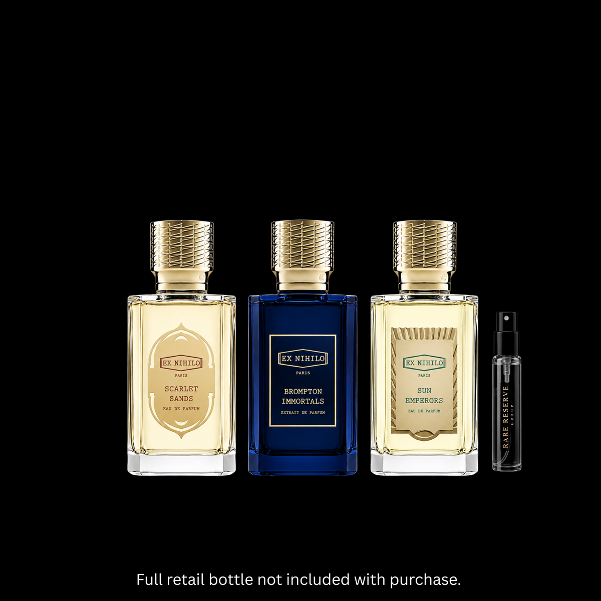 The Rare Ex Nihilo Collection featuring Scarlet Sands, Sun Emperors, and Brompton Immortals Extrait fragrance decants from Rare Reserve Group. Original retail bottles are not included.