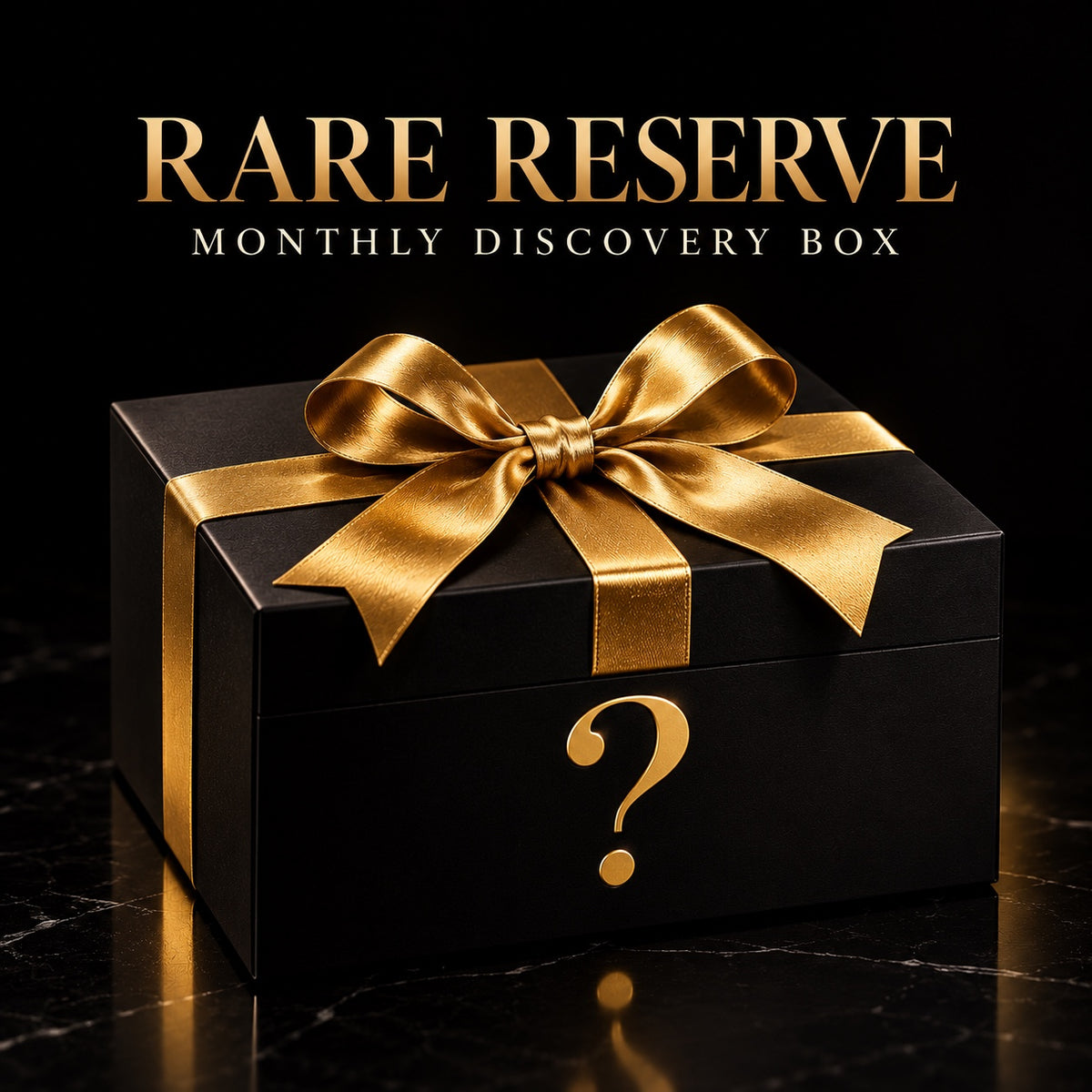 Rare Reserve Monthly Discovery Box featuring a black gift box with a gold ribbon and question mark