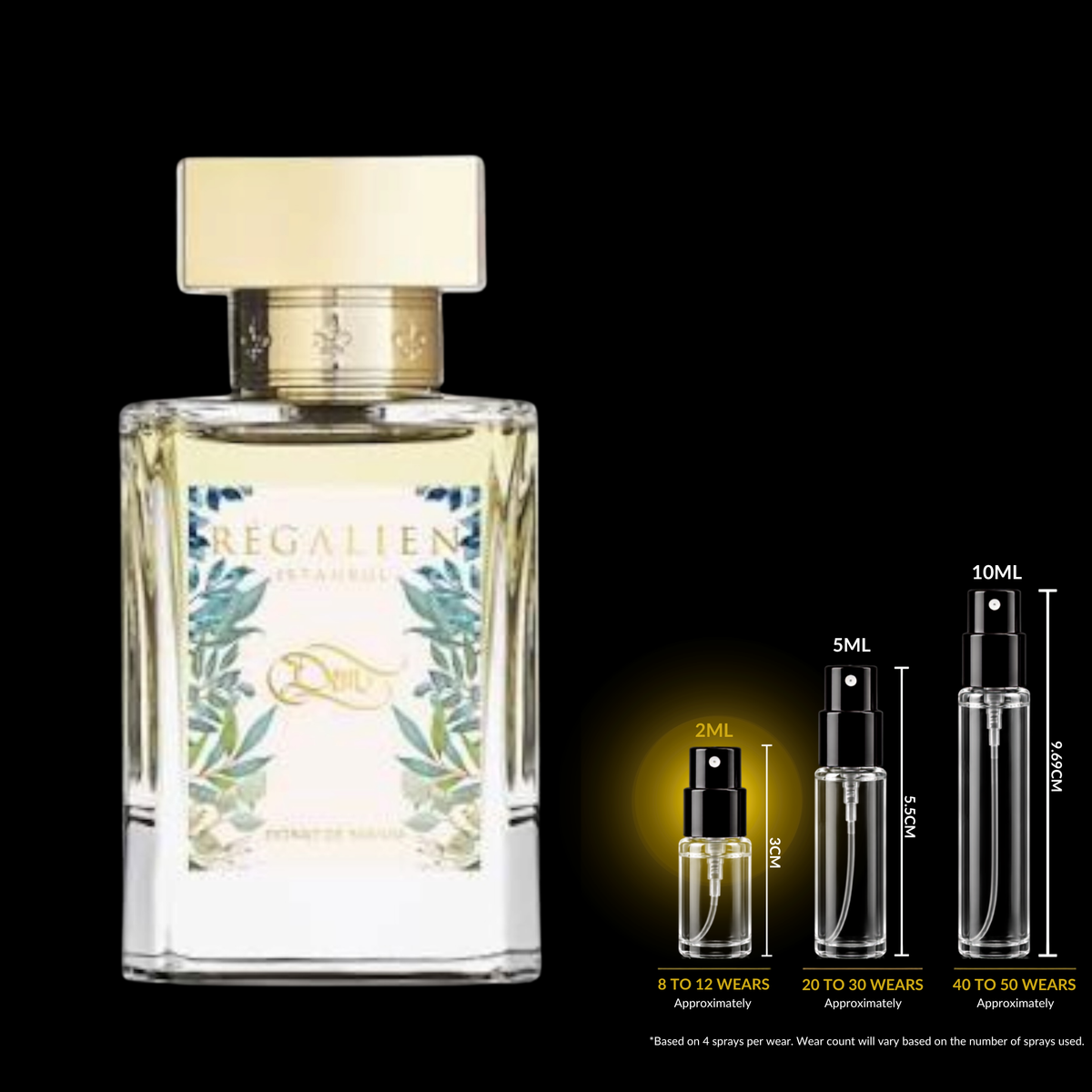 Regalien Dem Extrait source bottle shown with Rare Reserve Group 2ml fragrance decant atomizer. Original retail bottle not included.