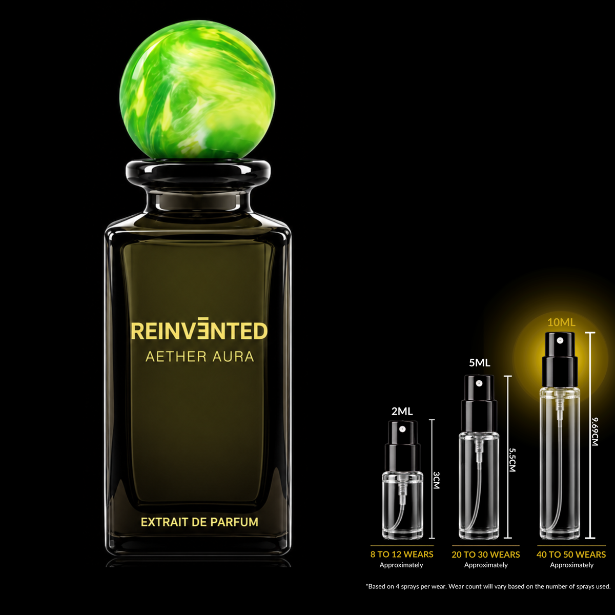 Reinvented Parfums Aether Aura Extrait source bottle shown with Rare Reserve Group 10ml fragrance decant atomizer. Original retail bottle not included.