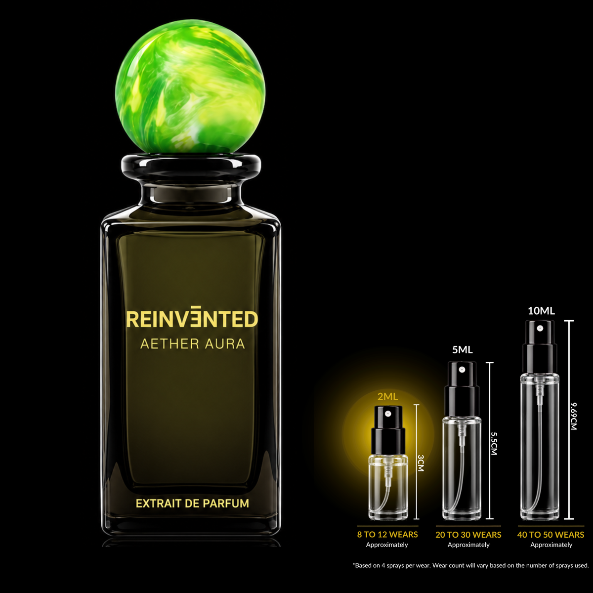 Reinvented Parfums Aether Aura Extrait source bottle shown with Rare Reserve Group 2ml fragrance decant atomizer. Original retail bottle not included.