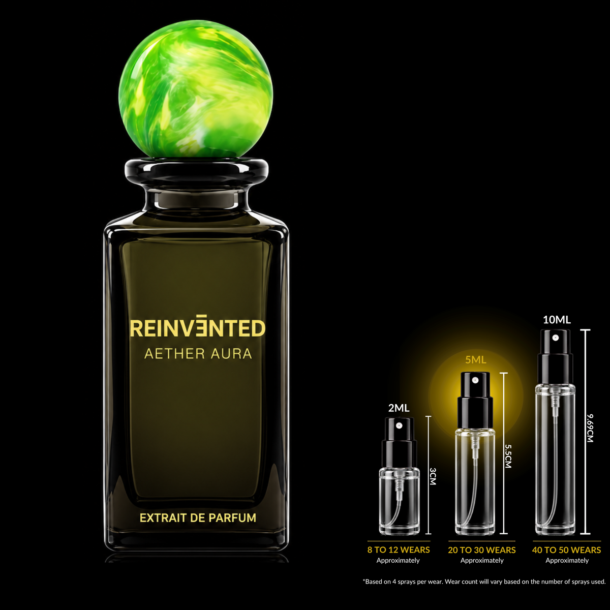 Reinvented Parfums Aether Aura Extrait source bottle shown with Rare Reserve Group 5ml fragrance decant atomizer. Original retail bottle not included.