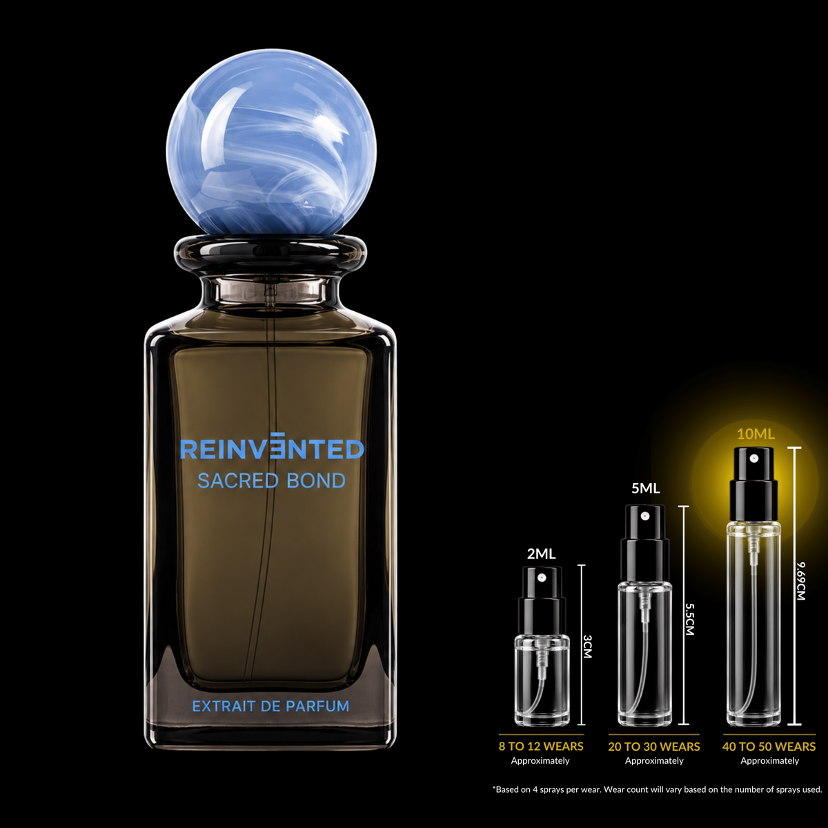 Reinvented Parfums Sacred Bond Extrait source bottle shown with Rare Reserve Group 10ml fragrance decant atomizer. Original retail bottle not included.
