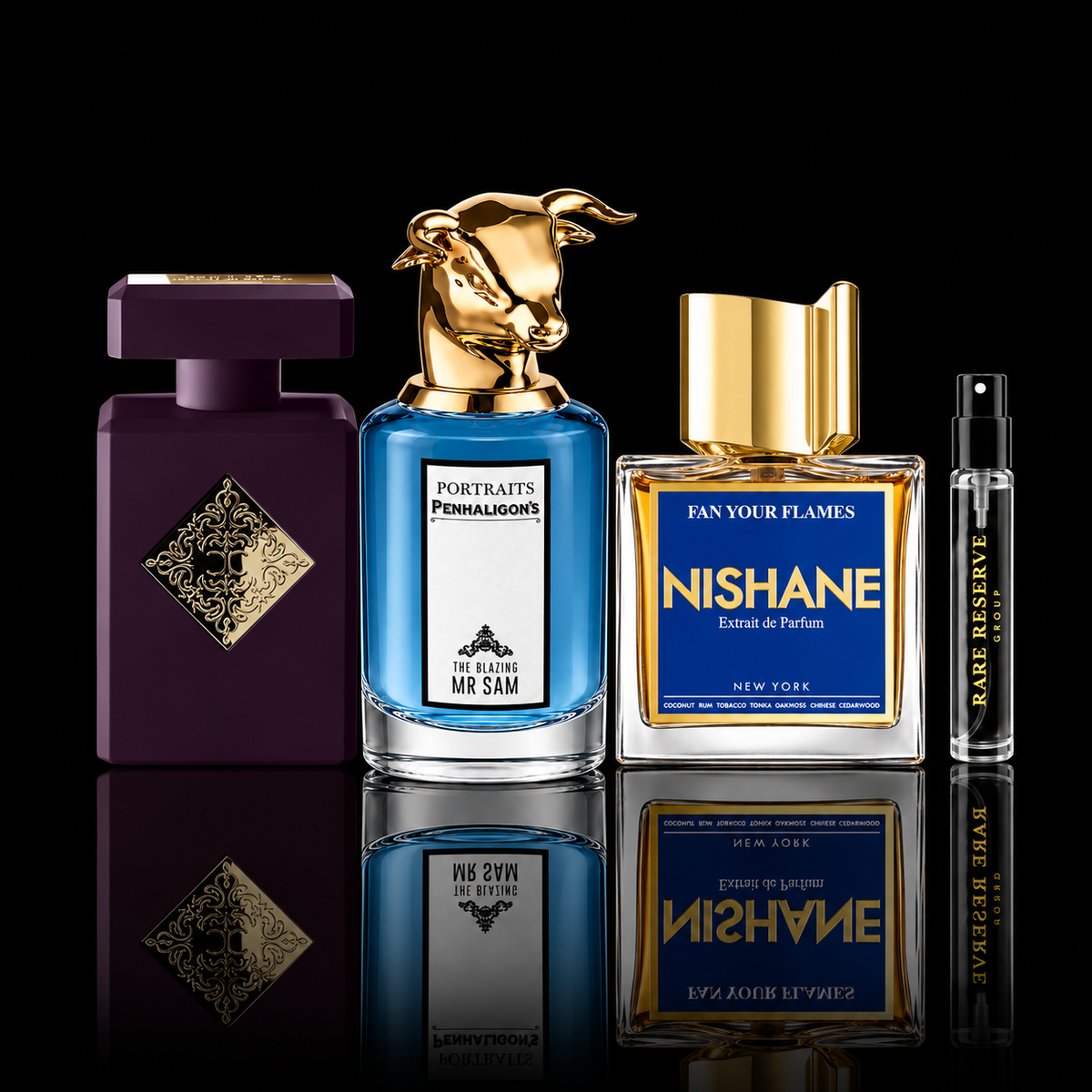 After Hours Collection featuring Side Effect, The Blazing Mister Sam and Fan Your Flames source bottles beside a Rare Reserve Group decant atomizer. Full retail bottles not included.
