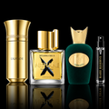 Fresh Essentials Collection 2.0 fragrance decant bundle featuring Liquides Imaginaires Liquide Gold, Nishane Wulong Cha X, Sospiro Vibrato and Rare Reserve Group atomizer on a black background.