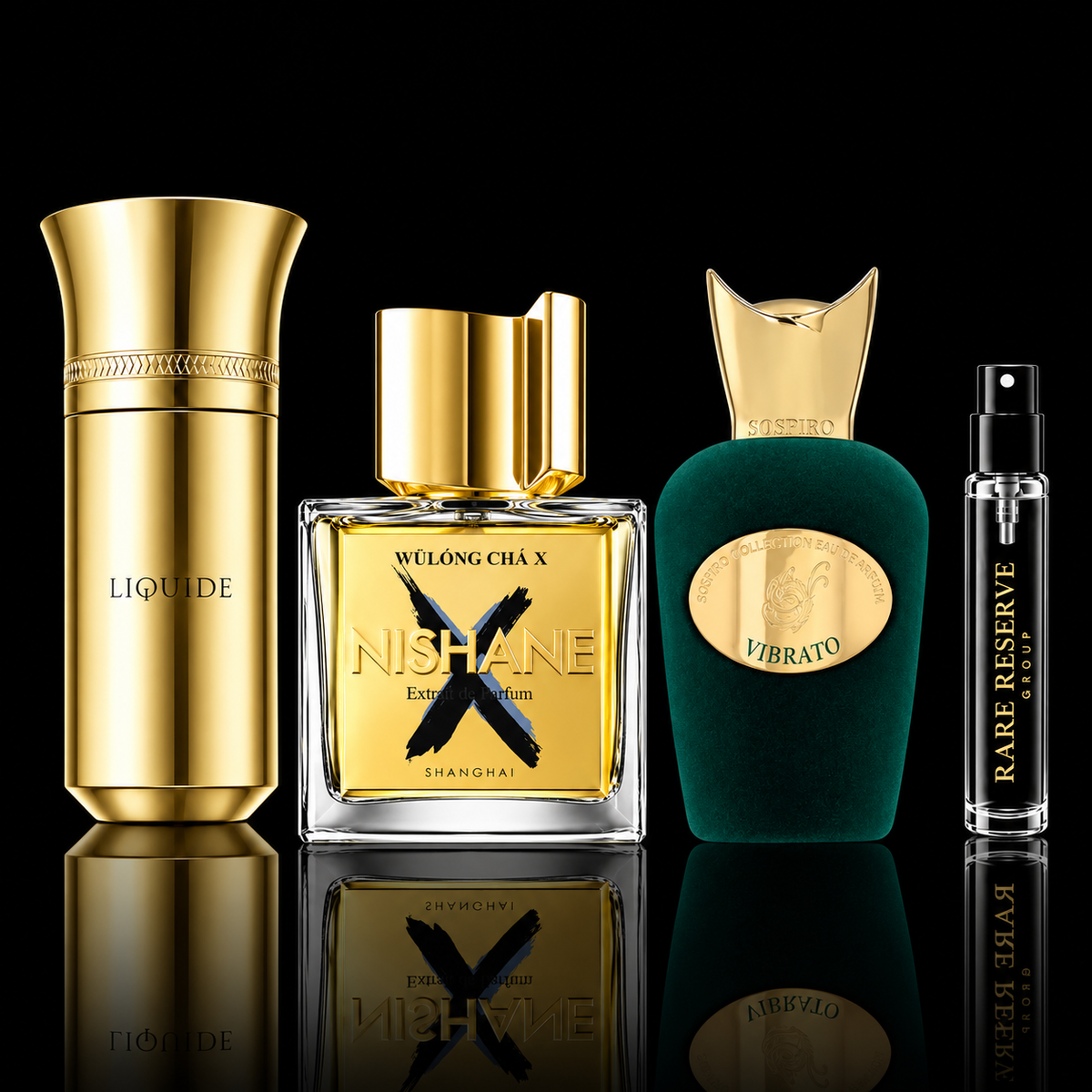 Fresh Essentials Collection 2.0 fragrance decant bundle featuring Liquides Imaginaires Liquide Gold, Nishane Wulong Cha X, Sospiro Vibrato and Rare Reserve Group atomizer on a black background.