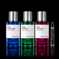 Maison Crivelli Oud Collection featuring Oud Maracujá, Oud Cadenza and Oud Stallion source bottles beside a Rare Reserve Group decant atomizer. Full retail bottles not included.