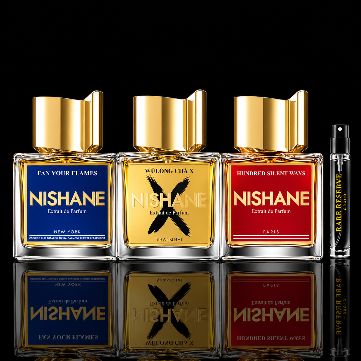 Nishane Fan Your Flames, Wulong Cha X, and Hundred Silent Ways perfume bottles alongside Rare Reserve Group branded decant atomizer on glossy black reflective background