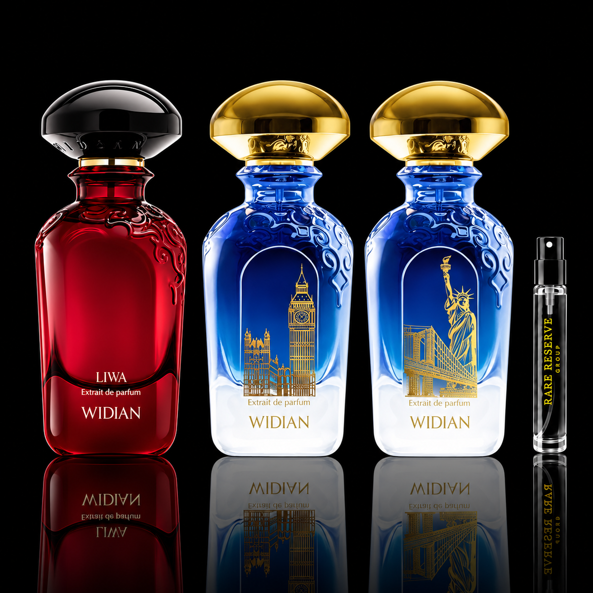 Widian Discovery Collection featuring London, New York and Liwa source bottles beside a Rare Reserve Group decant atomizer. Full retail bottles not included.