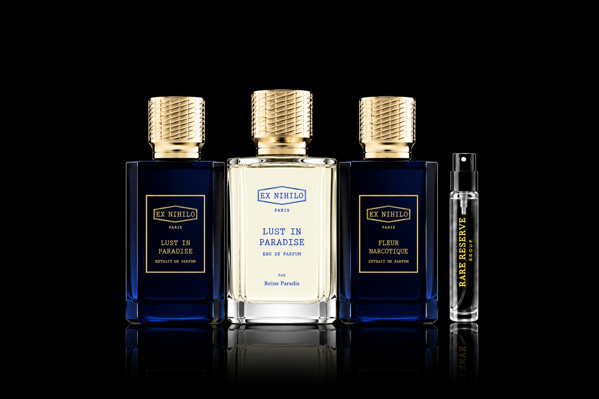 The Muse Collection Ex Nihilo discovery bundle with Lust in Paradise Extrait, Reine Paradis, Fleur Narcotique Extrait and Rare Reserve Group atomizer