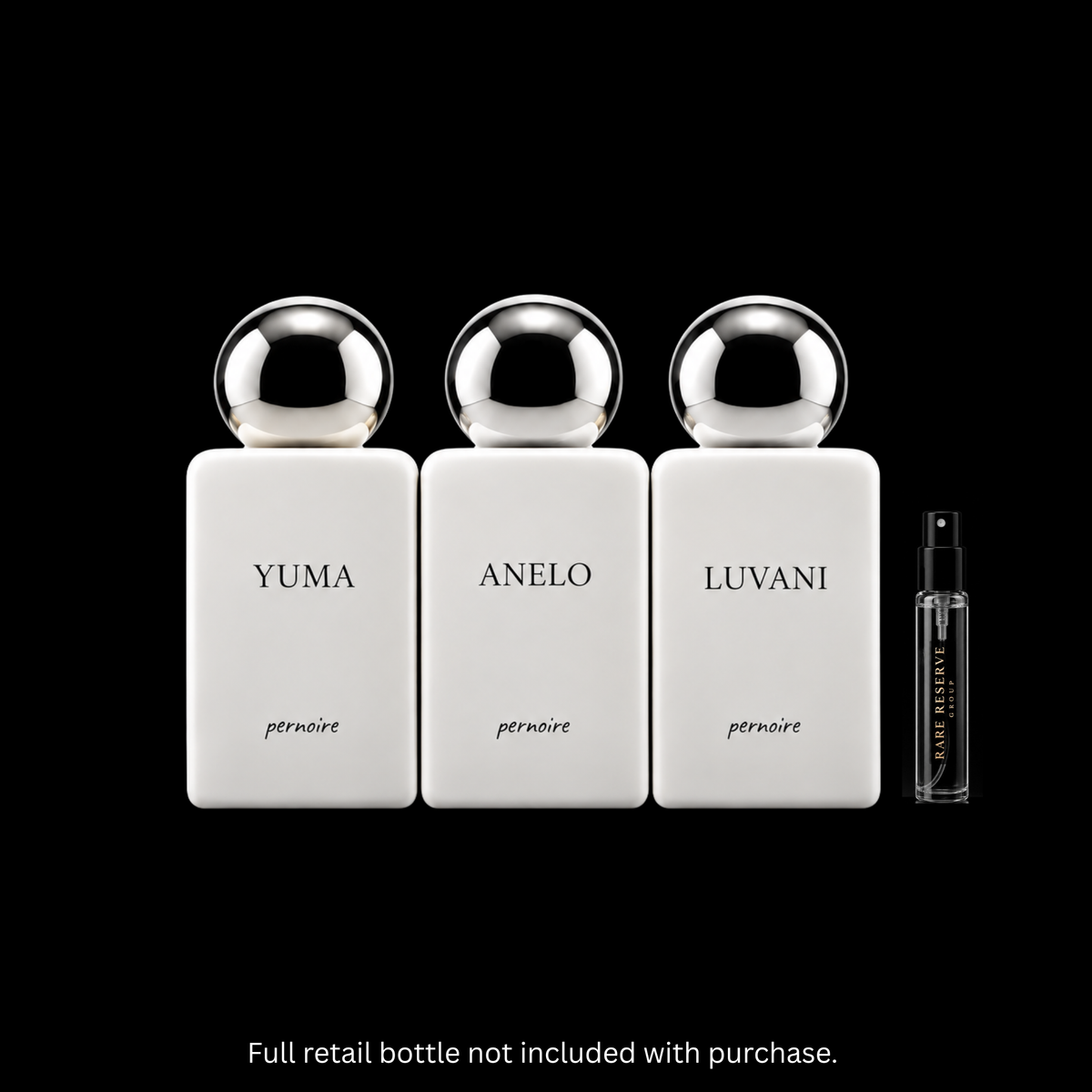 The Pernoire Collection featuring Yuma, Anelo, and Luvani fragrance decants from Rare Reserve Group. Original retail bottles are not included.