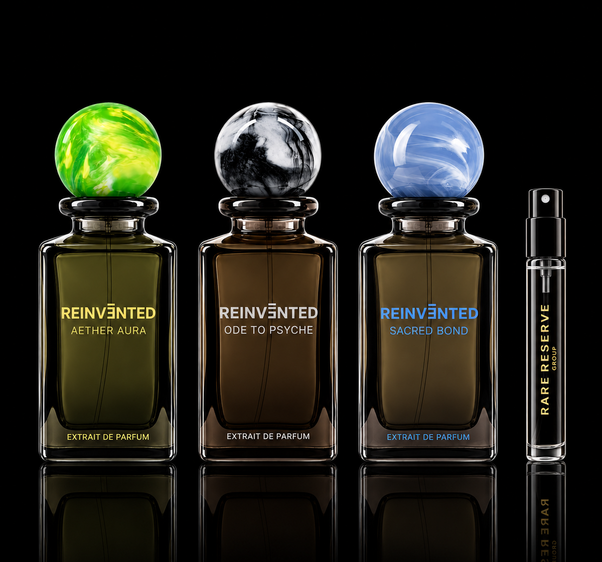 The Reinvented Parfums Collection source fragrance bottles shown beside a decant atomizer. Original retail bottles not included.