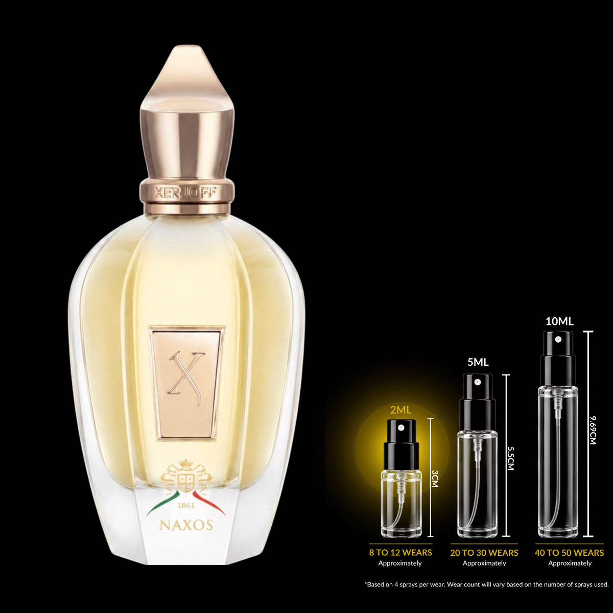 Xerjoff Naxos fragrance source bottle shown with Rare Reserve Group decant atomizers. Original retail bottle not included.