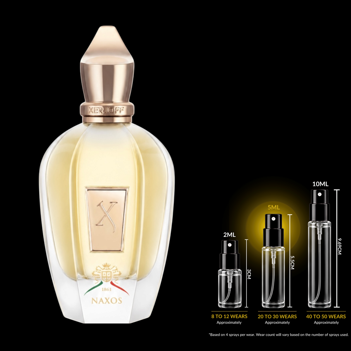 Xerjoff Naxos fragrance source bottle shown with Rare Reserve Group decant atomizers. Original retail bottle not included.
