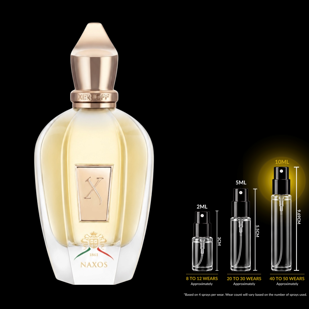Xerjoff Naxos fragrance source bottle shown with Rare Reserve Group decant atomizers. Original retail bottle not included.