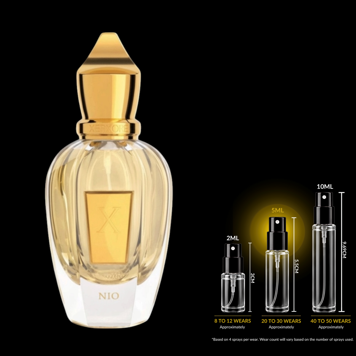 Xerjoff Nio fragrance source bottle shown with Rare Reserve Group decant atomizers. Original retail bottle not included.
