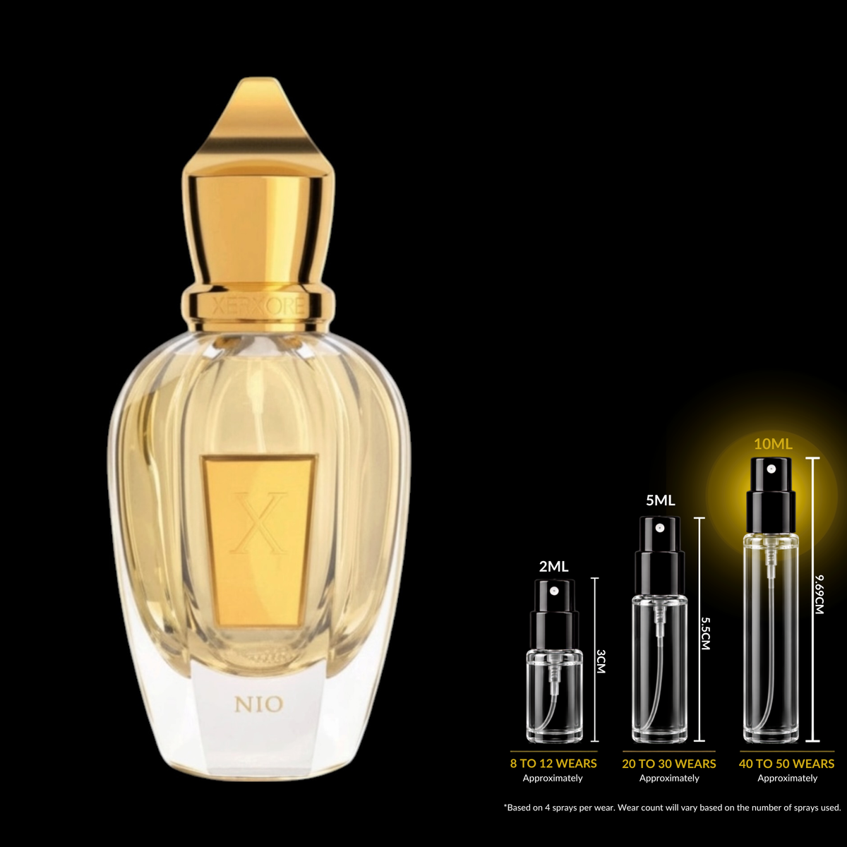 Xerjoff Nio fragrance source bottle shown with Rare Reserve Group decant atomizers. Original retail bottle not included.