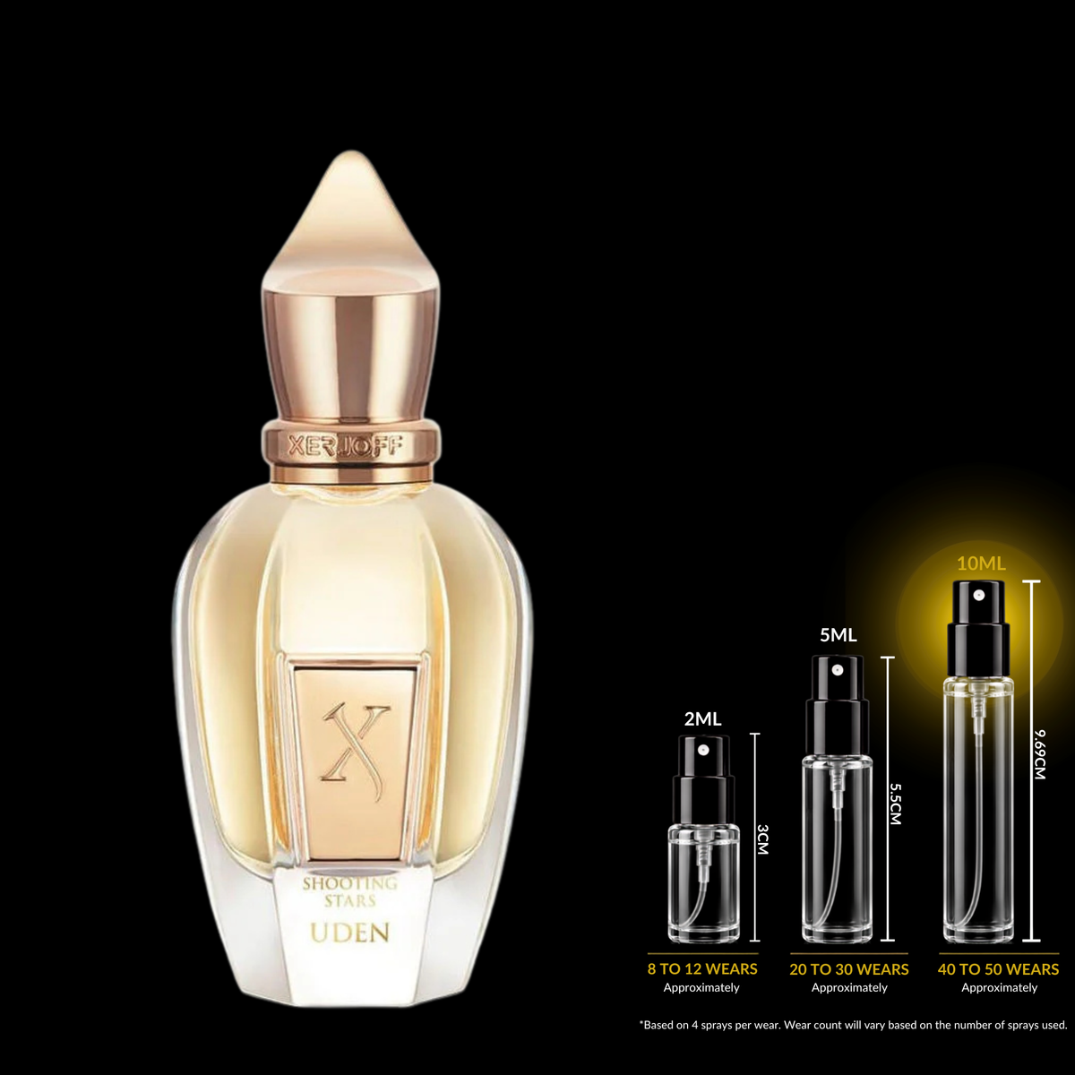 Xerjoff Uden fragrance source bottle shown with Rare Reserve Group decant atomizers. Original retail bottle not included.