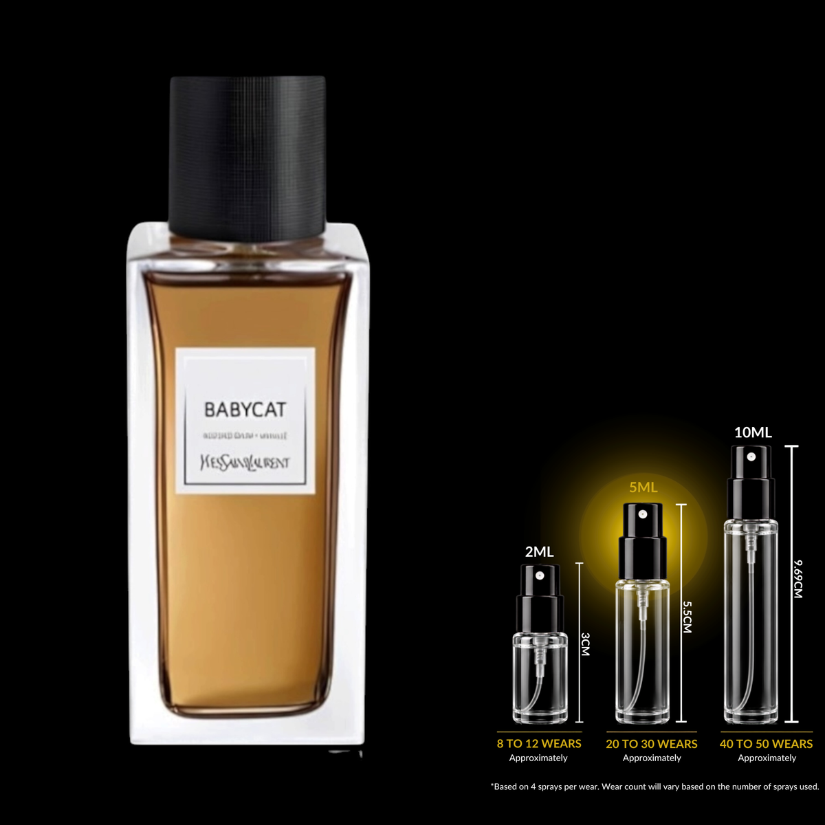 Yves Saint Laurent Babycat fragrance source bottle shown with Rare Reserve Group decant atomizers. Original retail bottle not included.