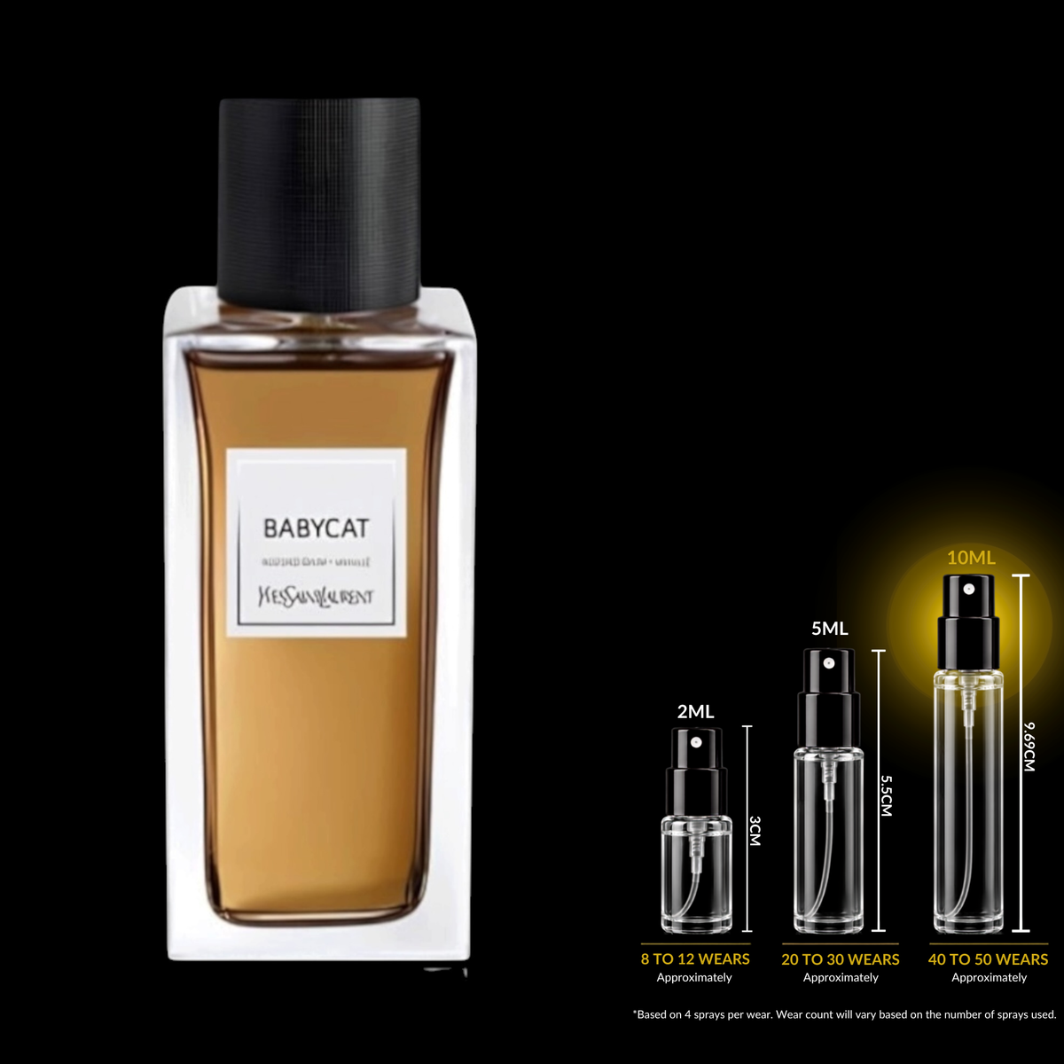 Yves Saint Laurent Babycat fragrance source bottle shown with Rare Reserve Group decant atomizers. Original retail bottle not included.