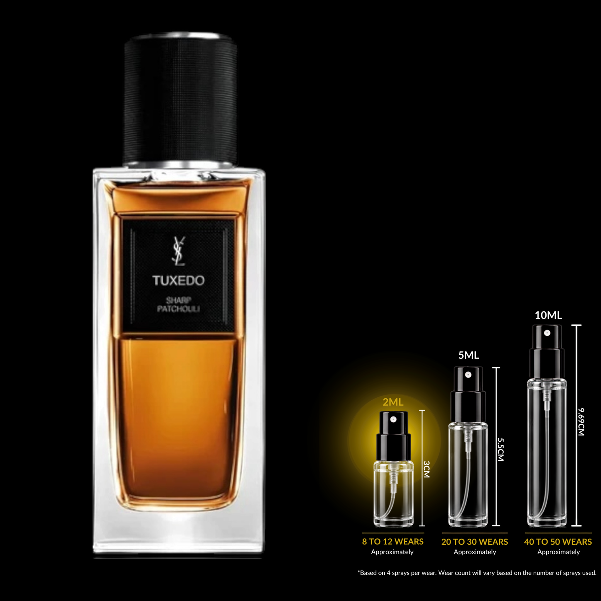 Yves Saint Laurent Tuxedo fragrance source bottle shown with Rare Reserve Group decant atomizers. Original retail bottle not included.
