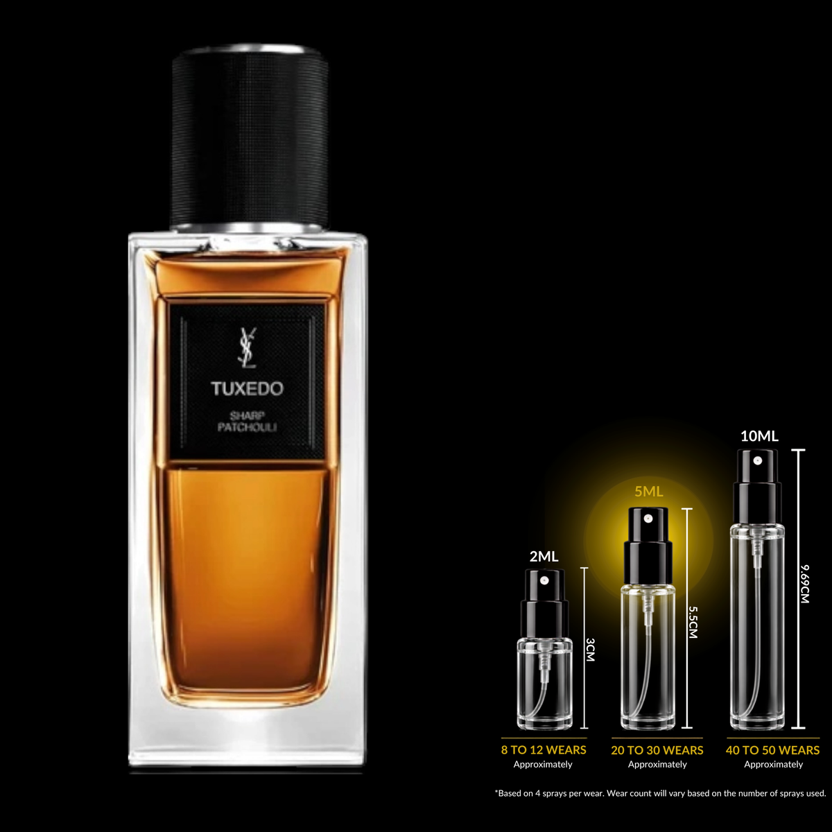 Yves Saint Laurent Tuxedo fragrance source bottle shown with Rare Reserve Group decant atomizers. Original retail bottle not included.