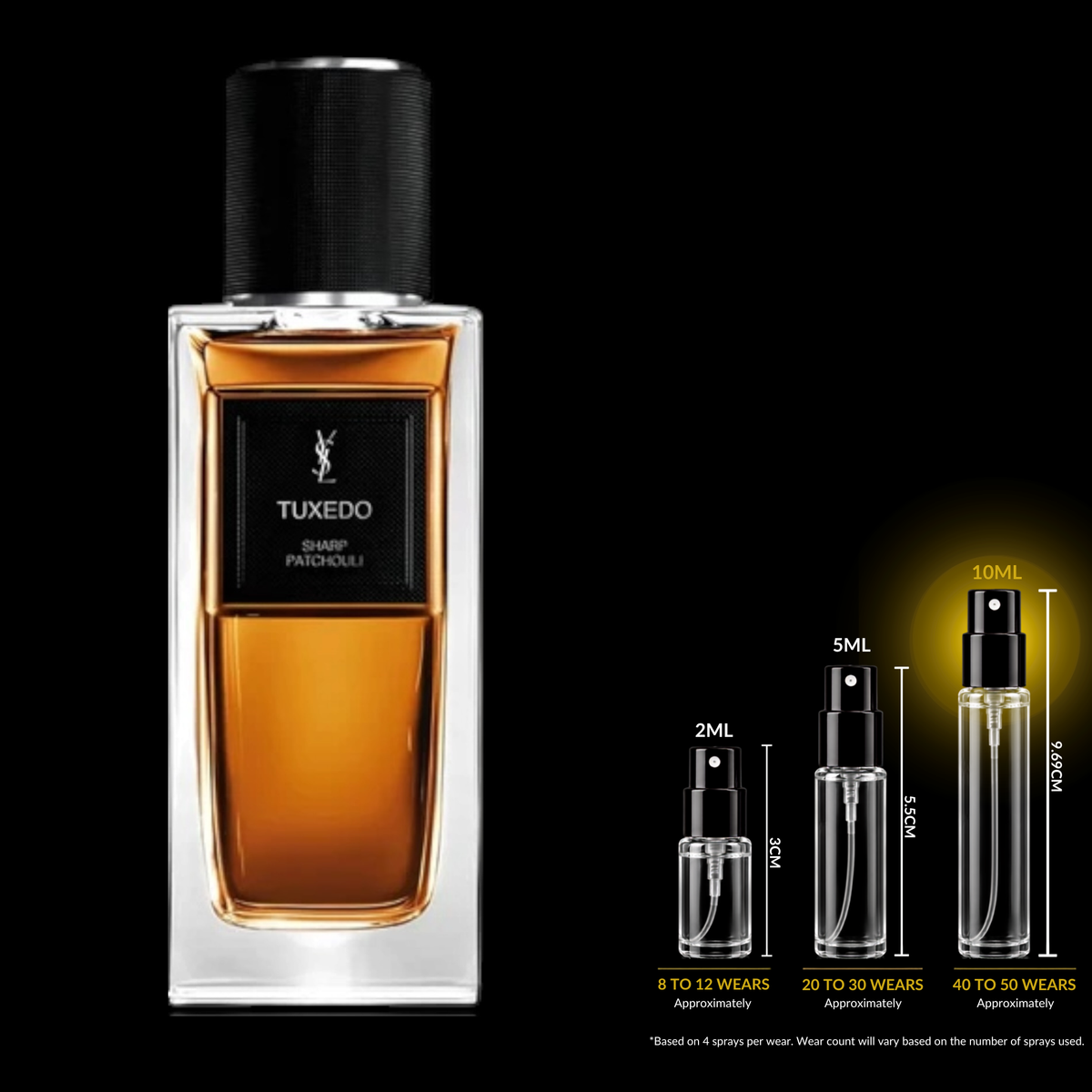 Yves Saint Laurent Tuxedo fragrance source bottle shown with Rare Reserve Group decant atomizers. Original retail bottle not included.
